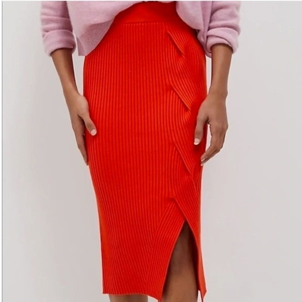 Maeve Anthropologie Desiree Ribbed Knit Skirt Midi Cable Red Side Slit Small NWT